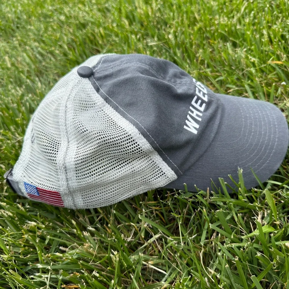 Wheels Up Trucker Hat Gray White Mesh Back American Flag Aviation Cap Adjustable